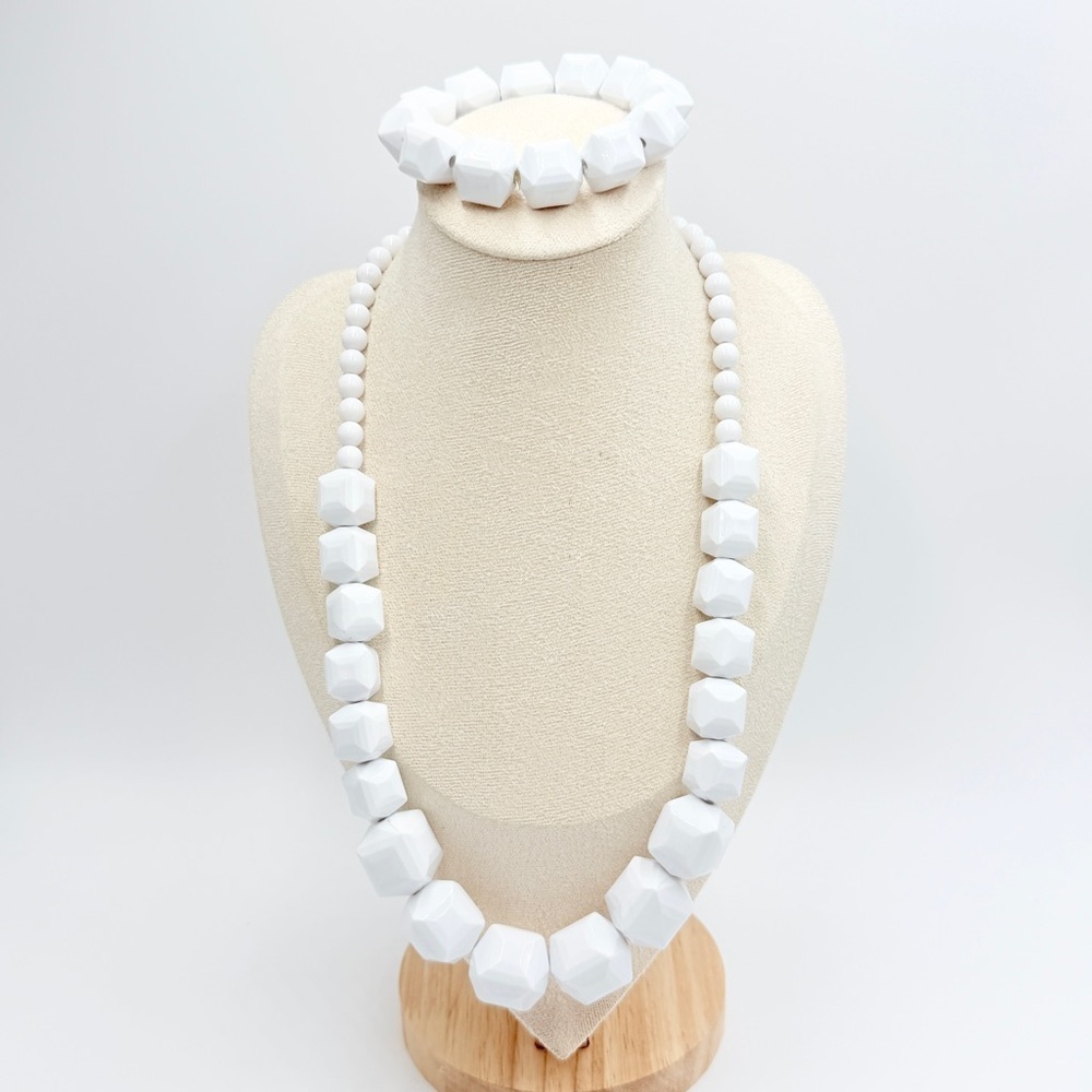 White Faceted Bead Necklace & Bracelet Set – Chunky Statement Jewelry